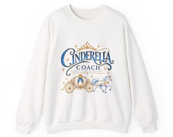 May include: A white crewneck sweatshirt featuring a graphic print of a golden carriage pulled by a white horse. Above the carriage, the text reads Cinderella Coach Limousine Company in blue and gold lettering, accented by small gold star icons.