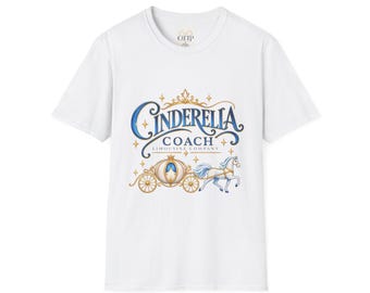 May include: A white short-sleeve t-shirt featuring a graphic print with the text Cinderella Coach Limousine Company in blue and gold. The design includes a golden carriage, a white horse with a blue mane, and small golden star accents.