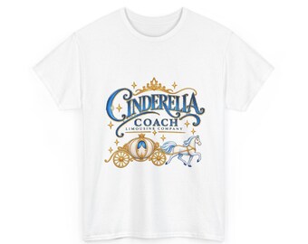 May include: A white short-sleeve t-shirt featuring a graphic print of a gold and blue carriage pulled by a white horse. The text reads Cinderella Coach Limousine Company in blue and gold lettering, surrounded by small gold star accents.