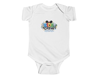 May include: A white short-sleeve baby bodysuit featuring a colorful graphic with the text RIDE CREW, Too little to ride, Still part of the crew, accompanied by illustrations of a castle, a geodesic dome, and Mickey Mouse ears.