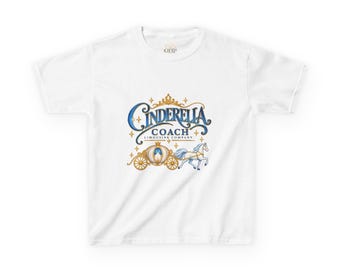 May include: A white short-sleeve t-shirt featuring a graphic print of a golden carriage and a white horse. The text reads Cinderella Coach Limousine Company in blue and gold lettering, accented by small golden stars and a crown design above the text.