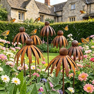 May include: A collection of metal garden sculptures shaped like coneflowers with a rusted finish, featuring spherical centres and downward-curving petals, positioned among various blooming flowers, flying birds, and butterflies in a garden.