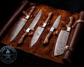 Damascus Steel Kitchen Cutlery Set with Leather Storage Roll | Hand Forged Culinary Collection