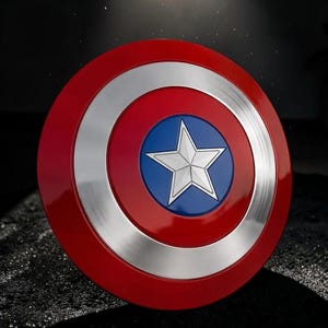 May include: A circular shield featuring a concentric design with a red outer ring, a silver metallic middle ring, and a blue centre circle. A prominent five-pointed silver star is centred within the blue circle, creating a distinct pattern.