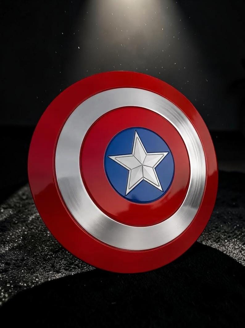 May include: A circular shield featuring a concentric design with a red outer ring, a silver metallic middle ring, and a blue centre circle. A prominent five-pointed silver star is centred within the blue circle, creating a distinct pattern.