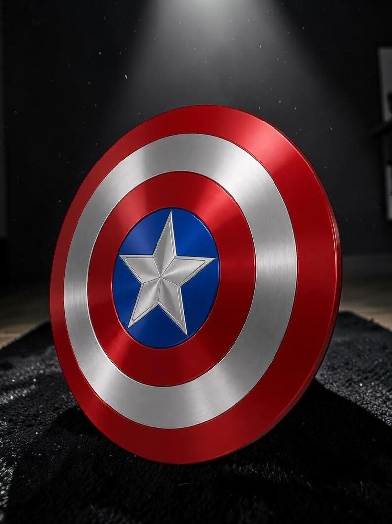 May include: A circular shield featuring a metallic finish with concentric rings in red and silver. The centre displays a vibrant blue circle containing a prominent, raised silver star. The design is symmetrical, with a smooth, polished surface.