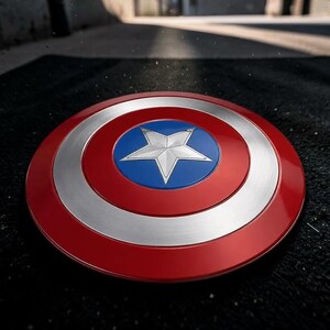 May include: A circular shield featuring a metallic red outer ring, a silver middle ring, and a blue centre circle with a prominent silver five-pointed star. The design is symmetrical with a polished finish, showcasing concentric rings and a star.