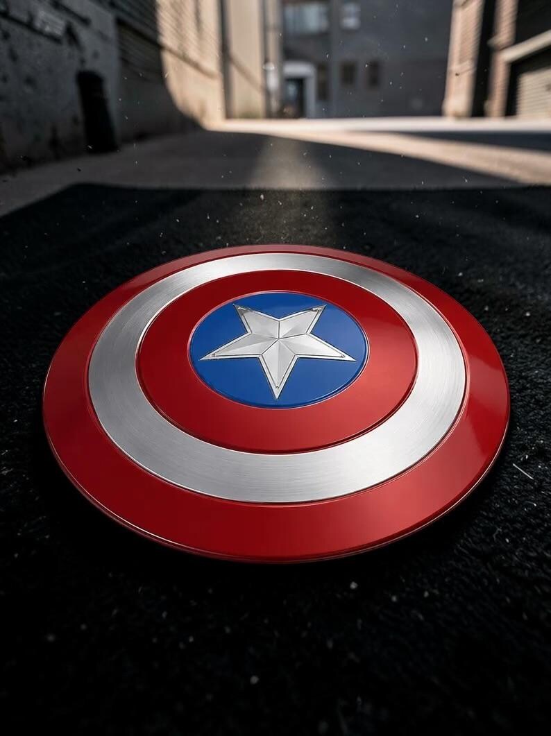 May include: A circular shield featuring a metallic red outer ring, a silver middle ring, and a blue centre circle with a prominent silver five-pointed star. The design is symmetrical with a polished finish, showcasing concentric rings and a star.