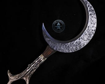 Handcrafted Crescent Moon Forged Steel Collector’s Piece with Antler-Style Handle