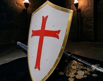 Medieval Knight Shield with Red Cross | Crusader Style Wall Decor | Renaissance Fair Costume Prop