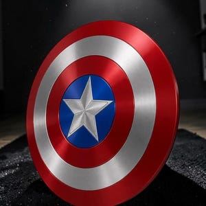 May include: A circular shield featuring a metallic finish with concentric rings in red and silver. The centre displays a vibrant blue circle containing a prominent, raised silver star. The design is symmetrical, with a smooth, polished surface.