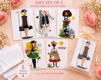 Juego de 5 tarjetas de felicitación con ilustraciones de moda y sobres / Tarjetas de correspondencia planas /
