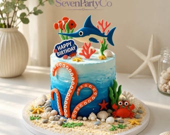 Adornos para tartas de tiburón, decoraciones de cumpleaños submarinas, juego de palillos para cupcakes con animales marinos