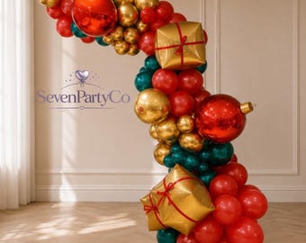 Christmas Gift Box Balloon Garland Kit Red Gold Holiday Arch Decor with 4D Ornaments