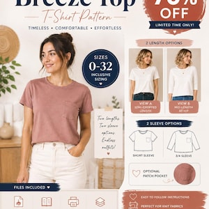 May include: A digital sewing pattern for a Breeze Top t-shirt featuring a mauve short-sleeve shirt with a patch pocket. The graphic includes text, size range 0-32, two length options, two sleeve options, and icons for PDF, printing, and layers.