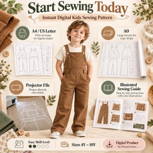 Könnte beinhalten: Ein sofortiges digitales Kindernäh-Schnittmuster für eine braune Latzhose. Die Grafik enthält den Text Start Sewing Today, A4/US Letter, A0, Projector File und Illustrated Sewing Guide. Es zeigt ein Kind in einer braunen Latzhose und Anleitungen.
