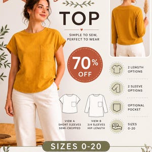 May include: A sewing pattern for a Breeze Top, featuring a mustard yellow short-sleeved shirt with a chest pocket. The graphic includes technical sketches for short and 3/4 sleeves, two length options, and an optional pocket for sizes 0-20.
