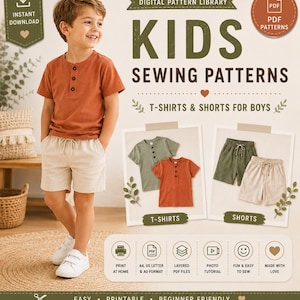 May include: Digital pattern library for kids sewing patterns featuring t-shirts and shorts. Includes text: DIGITAL PATTERN LIBRARY, KIDS SEWING PATTERNS, T-SHIRTS & SHORTS FOR BOYS, PRINT AT HOME, A4, US LETTER & A0 FORMAT, LAYERED PDF FILES, PHOTO TUTORIAL.