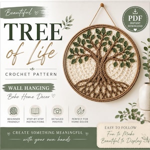 May include: A Tree of Life crochet pattern PDF instant download featuring a circular wall hanging with a brown trunk, green leaves, and cream-colored webbed background. The text reads Beautiful TREE of Life CROCHET PATTERN WALL HANGING.