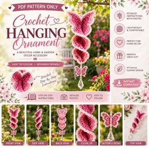 May include: A PDF pattern for a crochet hanging ornament featuring a spiral butterfly design in shades of pink and white. The document includes text, step-by-step instructions, detailed photos, and various views of the finished butterfly ornament.