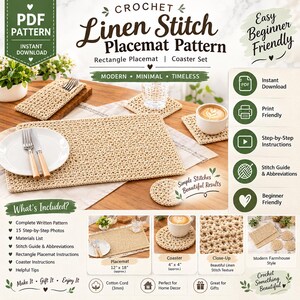 Crochet Placemat Pattern set | Rectangular Linen Stitch Table Mat & Coaster PDF | Modern Minimalist Farmhouse Decor | Easy Beginner