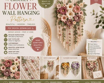 Op de afbeelding: Een digitaal PDF-patroon voor een gehaakte bloemenwandhanger met een macramé-stijl ontwerp van crèmekleurig koord, diverse roze en witte gehaakte bloemen en groene bladeren. Het document bevat tekst, instructies en foto's.