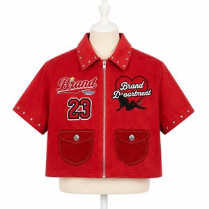 Red Graphic Cropped Jacket, Y2K Zip Up Streetwear, Retro Patchwork Outerwear