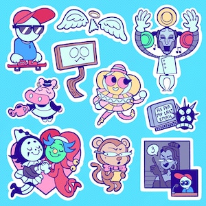 Puede incluir: Una colección de pegatinas de dibujos animados coloridos que incluyen un patinador, un cursor alado, un robot, un hipopótamo con regadera, un payaso, una pantalla con el texto AS PER MY LAST EMAIL, dos figuras en un corazón y un mono.