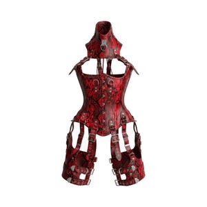 May include: A red and black snakeskin-patterned corset garment featuring a high neck collar with a silver O-ring, shoulder straps, and multiple adjustable buckled leg attachments connected by vertical straps with silver-toned metal hardware.