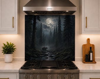 Bear Kitchen Backsplash Behind Stove - Moonlit Forest Glass Splashback - Tempered Glass Nature Wall Panel