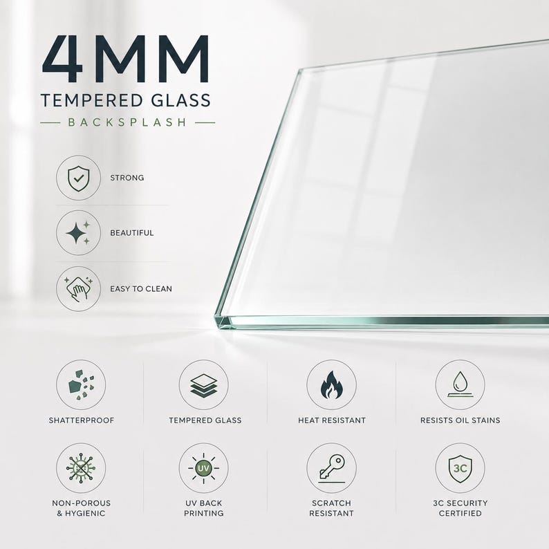 Op de afbeelding: Een 4 mm gehard glazen spatwand met een glad, helder oppervlak. De afbeelding bevat tekstlabels die de kenmerken benadrukken: sterk, mooi, gemakkelijk schoon te maken, onbreekbaar, hittebestendig, bestand tegen olievlekken, niet-poreus, hygi&euml;nisch, UV-bedrukking op de achterkant, krasbestendig en 3C-veiligheidscertificaat.