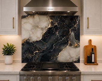 Luxury Black Marble Glass Backsplash for Kitchen - Gold Vein Splashback - Heat Resistant & Easy to Clean