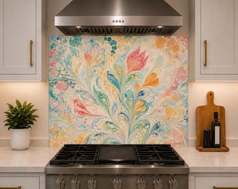 Soft Botanical Kitchen Backsplash - Turkish Marbling Inspired Behind Stove - 4 MM Tempered Glass Splashback