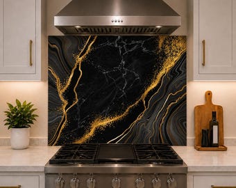 Luxury Black Marble Kitchen Backsplash, Gold Vein Tempered Glass Panel, Modern Kitchen Behind Stone
