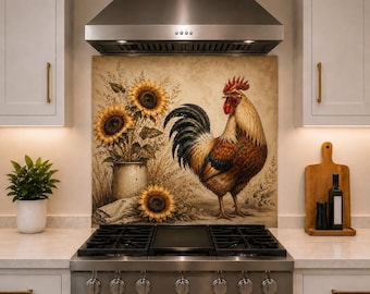 Sunflower Kitchen Backsplash Behind Stove, Farmhouse Rooster Tempered Glass Panel, Rustic Country Decor