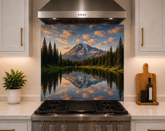 Mountain Lake Tempered Glass Backsplash for Kitchen, Scenic Nature Splashback, Modern Landscape Kitchen Decor