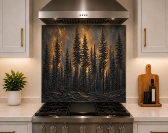 Forest Kitchen Backsplash Behind Stove, Evergreen Tempered Glass Panel, Woodland Kitchen Decor, Modern Nature Splashback