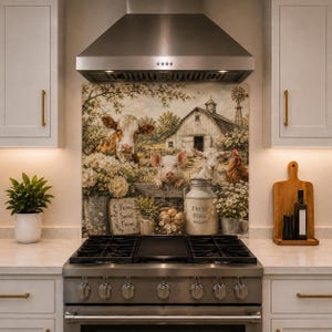 May include: A kitchen splashback panel featuring a printed farm scene with a cow, pig, goat, and chicken near a barn. The image includes a sign reading Farm Sweet Farm and a milk can labelled Fresh Milk, set behind a stainless steel gas stove.