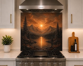 Nature Landscape Kitchen Backsplash Behind Stove, Mountain Lake Splashback Panel, Heat Resistant Glass Wall Protector