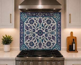 Traditional Ceramic Tile Backsplash, Blue Floral Tempered Glass Splashback, Mediterranean Kitchen Decor