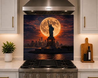 New York Kitchen Backsplash Behind Stove, Statue of Liberty Tempered Glass Panel - Heat Resistant Stove Backsplash - Easy Clean