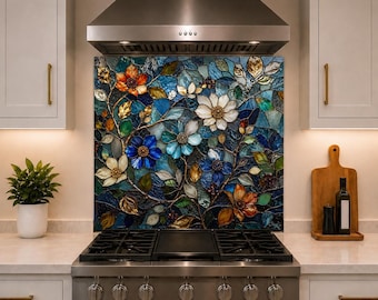 Botanical Stained Glass Splashback Panel - Floral Glass Backsplash for Kitchen - Colorful Kitchen Decor