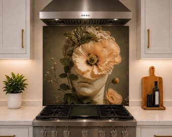 Botanical Kitchen Backsplash Behind Stove - Floral Tempered Glass Panel - Modern Neutral Kitchen Decor