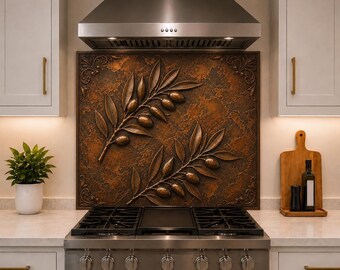 Olive Branch Stove Backsplash Panel, Mediterranean Kitchen Decor, Tempered Glass Kitchen Splashback