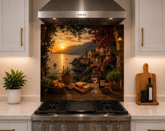 Landscape Glass Backsplash Stick on Tiles - Rustic Landscape Glass Stove Backsplash - Heat Resistant Splashback