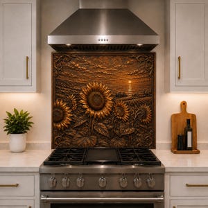 Può includere: Un pannello paraschizzi quadrato in metallo color bronzo con un design scultoreo in altorilievo raffigurante girasoli in un campo al tramonto. L'opera mostra petali, foglie e un sole all'orizzonte, incorniciata da bordi decorativi ornati e sinuosi.