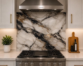 Tempered Glass Marble Backsplash, White & Black Kitchen Splashback, Luxury Gold Vein Wall Panel
