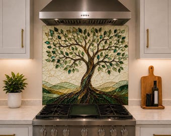 Tree of Life Kitchen Backsplash - Tempered Glass Wall Panel - Heat Resistant Stove Backsplash - Easy Clean