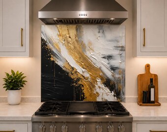 Black Gold Glass Backsplash for Kitchen - Luxury Abstract Tempered Glass Wall Panel - Modern Kitchen Decor