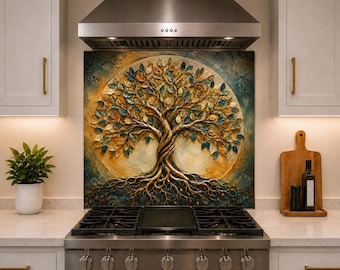 Tempered Glass Tree of Life Kitchen Backsplash, Easy Clean Stove Protector